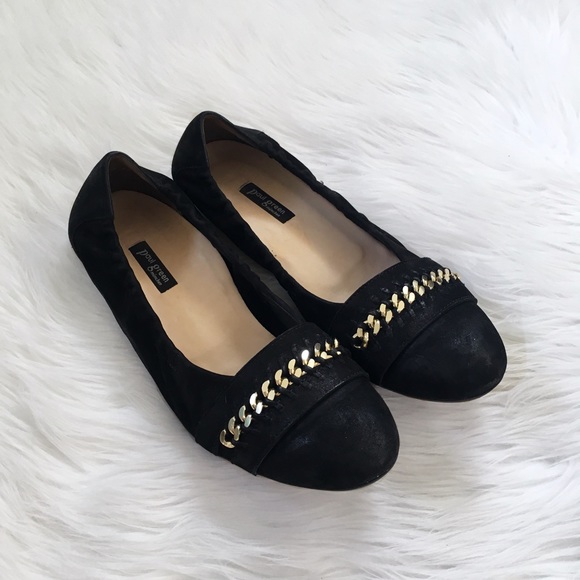 Paul Green Gold Chain Black Suede Flats Shoes - Picture 1 of 6